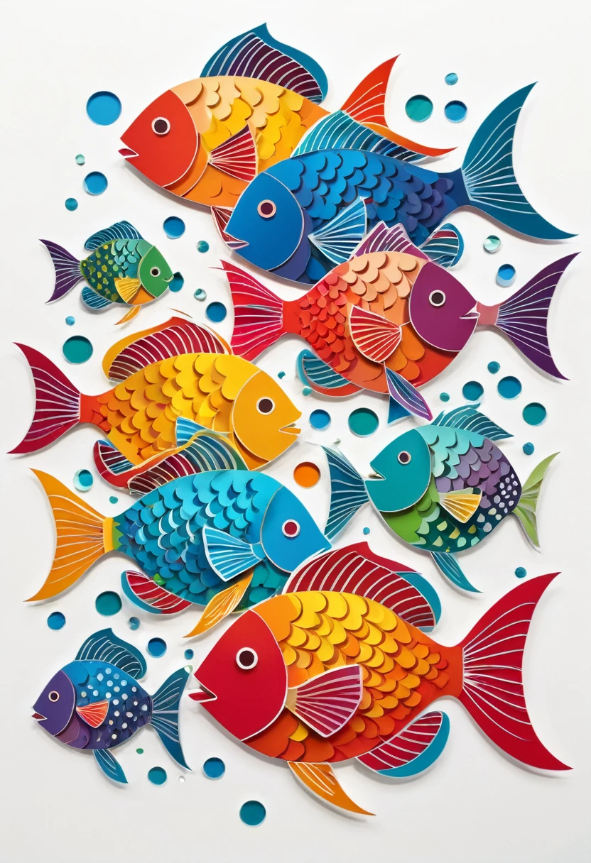 happy multicolored fish, Paper cutting and collage style, Contour, vector, White background