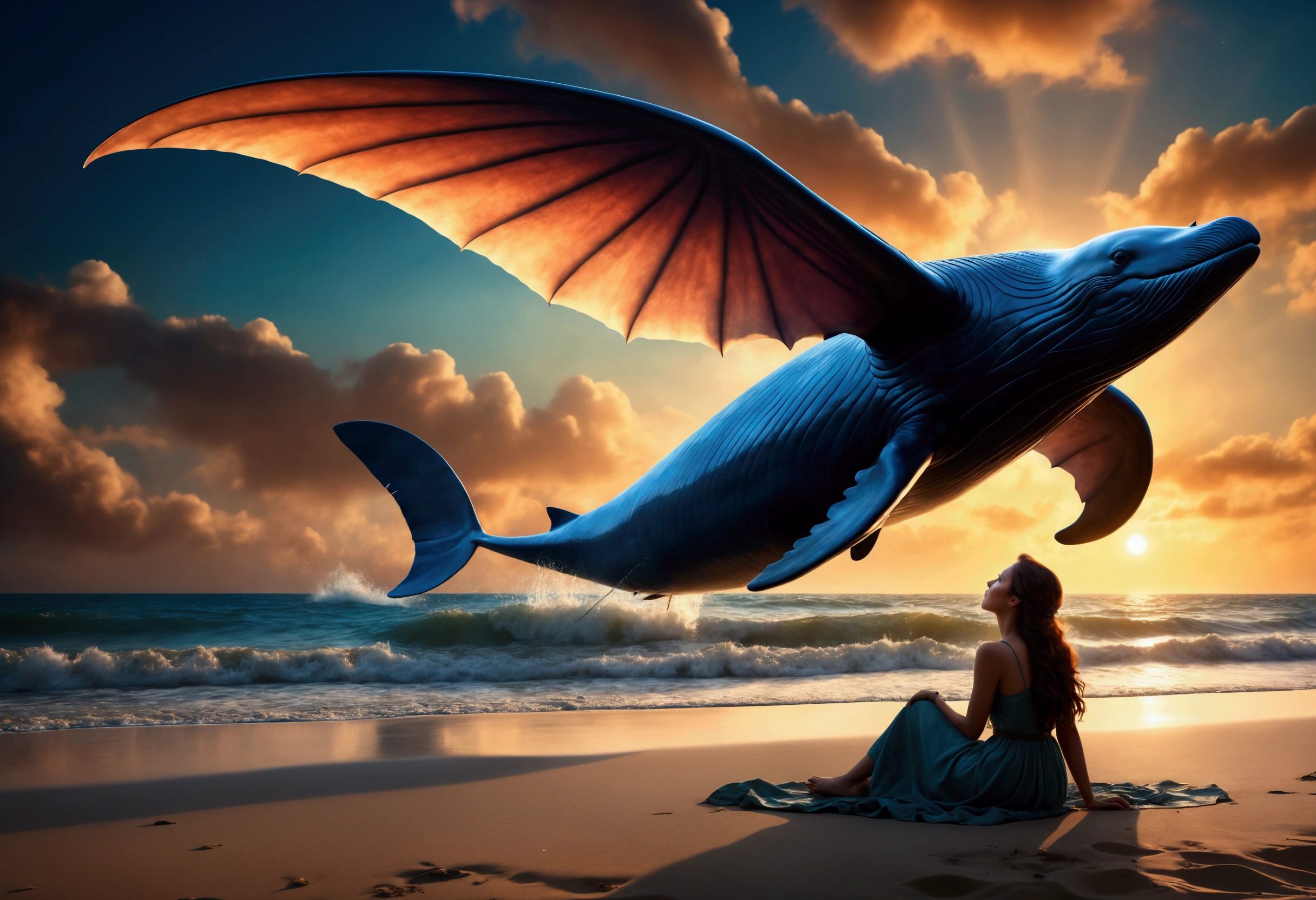 A sky whale, enormous wings, a woman lying on the beach watching its majestic flight, dreamy skies, (best quality,8k,highres,masterpiece:1.2),ultra-detailed,(realistic,photorealistic,photo-realistic:1.37),HDR,UHD,studio lighting,ultra-fine painting,sharp focus,physically-based rendering,extreme detail description,professional,vivid colors,bokeh,fantasy,surreal,cinematic,dramatic lighting,glowing,volumetric lighting,atmospheric,moody,cinematic composition,dramatic perspective
