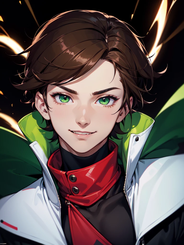 (((Portrait Photo))), He has a Youthful and Energy Appearance of a Teenager, with a Slim and Lively Build that Radiates Vivacity. His Short, Straight Brown Hair is Stylishly Cut, with Bangs that Gracefully Frame His Forehead, Highlighting His Features with a Touch of Modern Flair. His Bright, Emerald Green Eyes, Filled with a Spark of Enthusiasm and Joy, Giving His a Cheerful Aura. He is Dressed in a Trendy Outfit Consisting of a Black Turtleneck and a Red Hooded Jacket, Creating a Bold Contrast that Emphasizes His Dynamic and Playful Personality. His Expression is Friendly and Welcoming, with a Slight Smile that Conveys a Sense of Confidence and Approachability. (((High Quality, Dark Background))), (((Portrait Photo)))