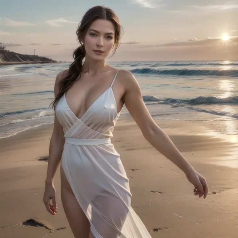 A Photograph of a serene beach at sunset, pastel hues caress a figure in a white long see-through dress with an opening on one leg all the way to the hip, naked under, no underwear, embodying tranquility and ., Mysterious, model body, in Malibu beach, California beach, beautiful brunette girl, super detailed, photorealistic, photo, pony tail on top of the head, swimming in the ocean