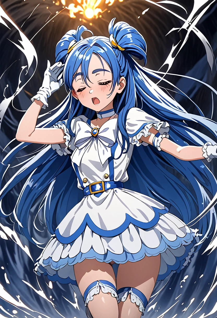 cure white,mini skirt,white choker, Thigh straps,elbow glover,detailed hair and costume, long flowing blue hair, white and blue frilly dress, white gloves and boots, holding her ears with both hands, blushing cheeks, in pain, suffering from enemy's sonic attack, dynamic and intense scene, background with sound waves,closed eye,masterpiece, Highest quality,, Highly detailed background, Perfect lighting, (beautiful, Highest quality:1.1), masterpiece, Perfect Eyes, (beautiful), (erotic:1.2) 