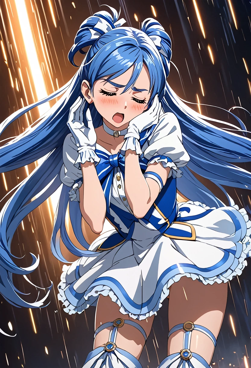 cure white,mini skirt,white choker, Thigh straps,elbow glover,detailed hair and costume, long flowing blue hair, white and blue frilly dress, white gloves and boots, holding her ears with both hands, blushing cheeks, in pain, suffering from enemy's sonic attack, dynamic and intense scene, background with sound waves,closed eye,masterpiece, Highest quality,, Highly detailed background, Perfect lighting, (beautiful, Highest quality:1.1), masterpiece, Perfect Eyes, (beautiful), (erotic:1.2)