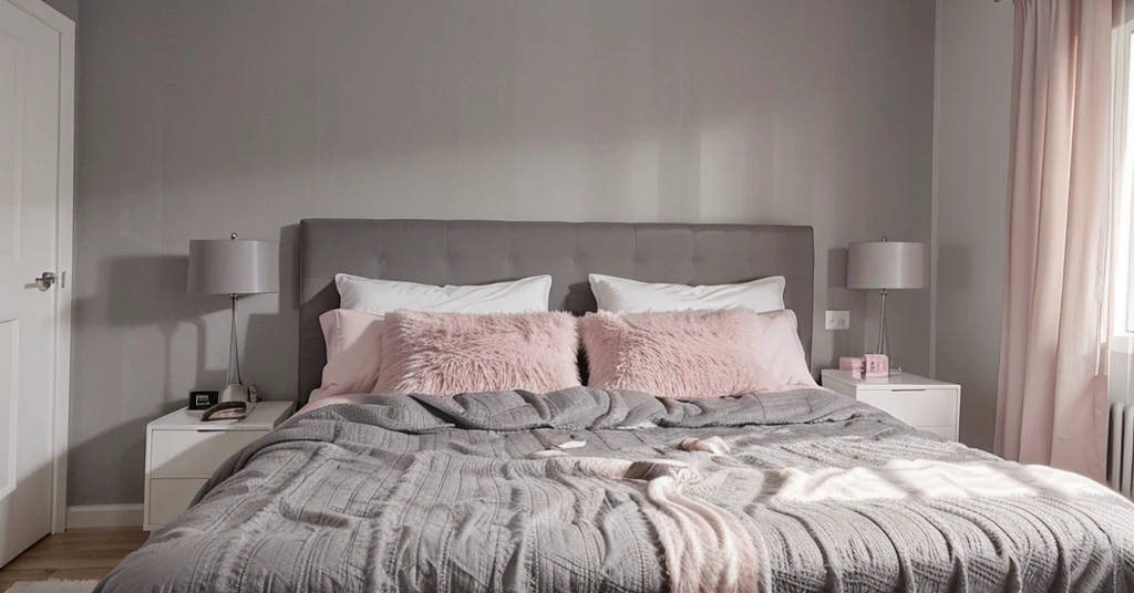 Modern style luxury room design , grey matt walls, grey and pink bedding 