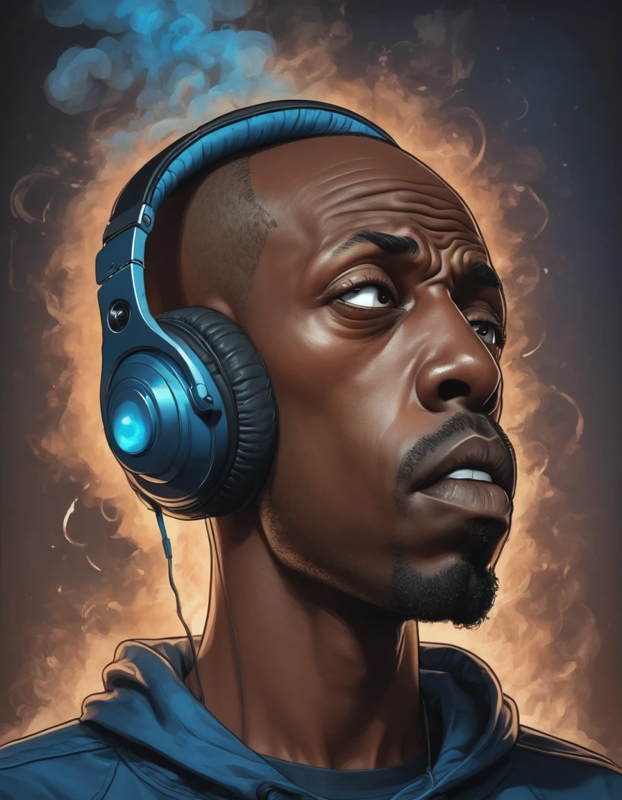 breathtaking vector cartoon illustration of shawt a black man ,wearing headphones, in a room full of smoke ,Anastomosing, Electric Blue, galactic, Ivan Albright, Sick, mean expression, twinkling eyes, and a bald head