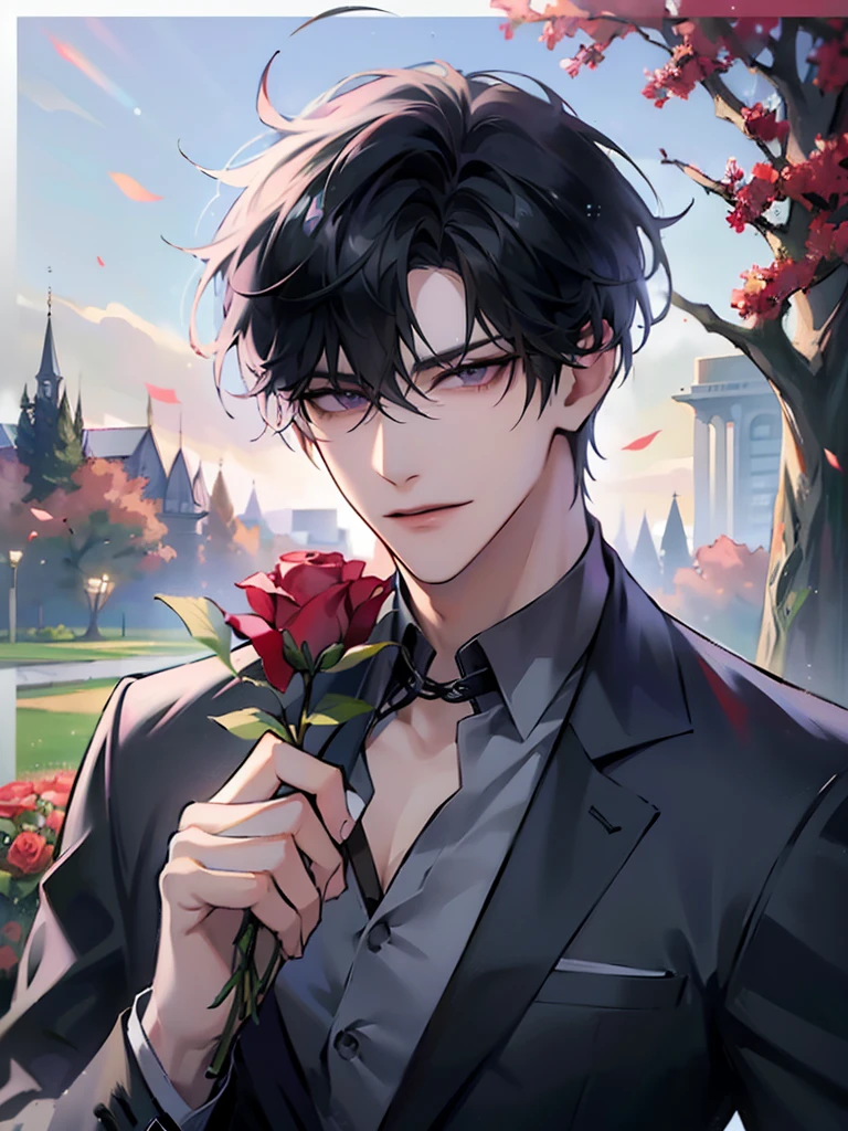 (masterpiece, 8k, high quality, best quality:1.6), 1boy, solo, short hair, black hair, asymmetrical fringe, purple eyes, handsome, sharp eyes, (mature male, mature:1.2), male focus, fashionable, tucked in open white collared shirt, gray pants, necklace, outdoors, meadow, flowery field, close up, smile, long eyelashes, soft shadows, perfect anatomy, holding a bouqet of red roses, spring season