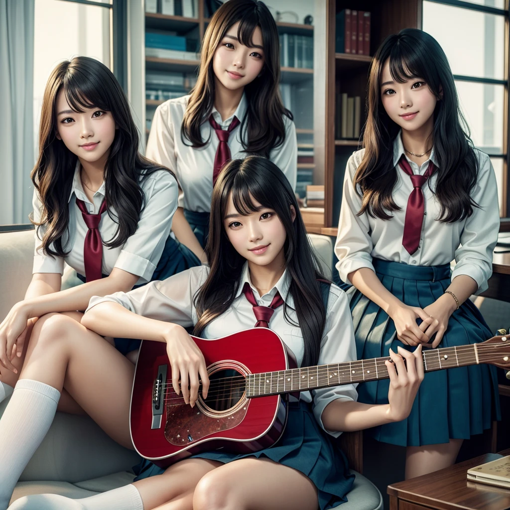 (best quality, masterpiece:1.5), (ultra-detailed, realistic:1.37),4K,(4woman:1.5),korean,cute,beautiful,(school uniform:1.2),(miniskirt),(playing guitar),smile,