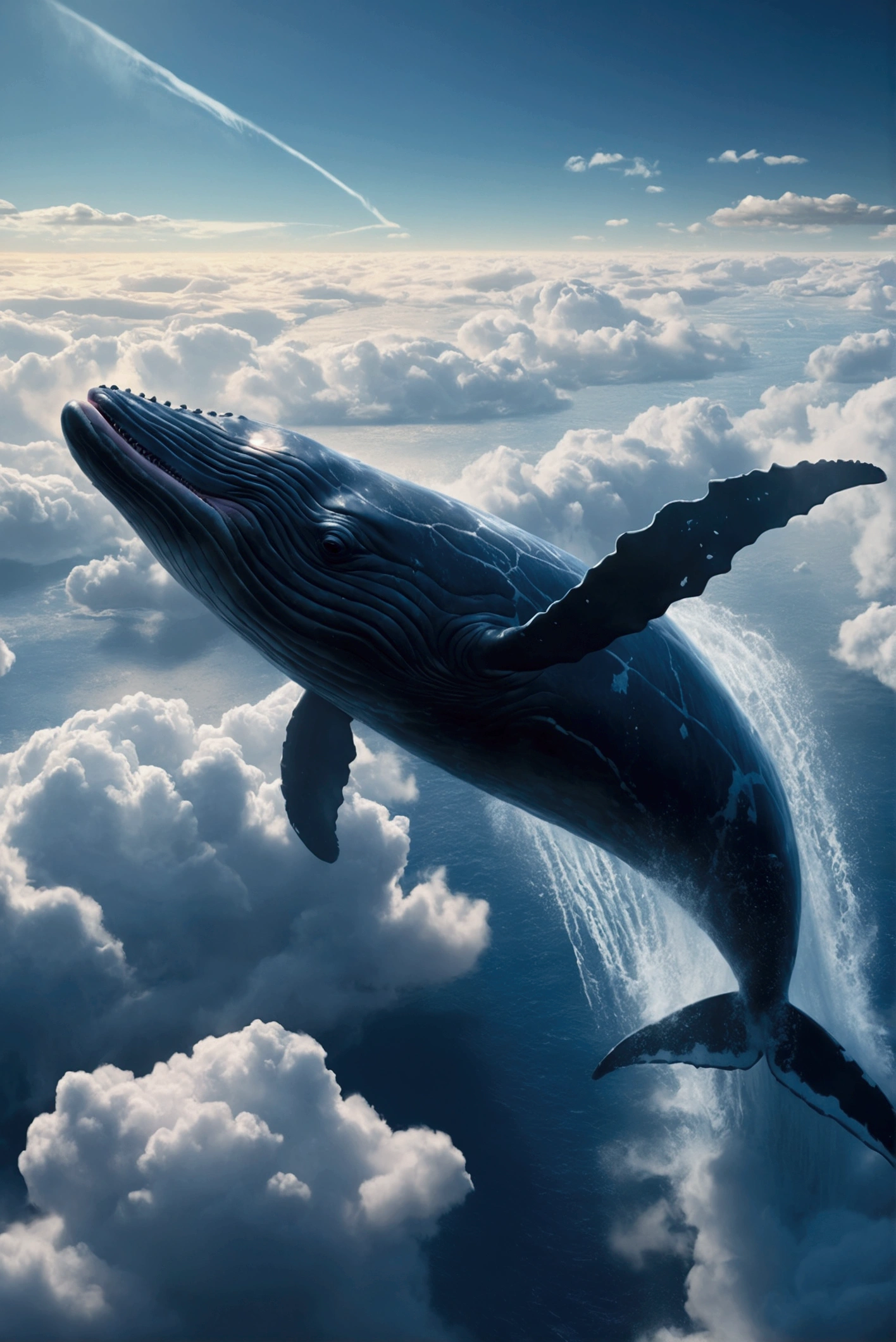 (Best Quality, high, Masterpiece:1.2), ultra detailed, Will fly, Giant whales, 4k, 8k,Leviathan,Sky, In the sea of clouds,