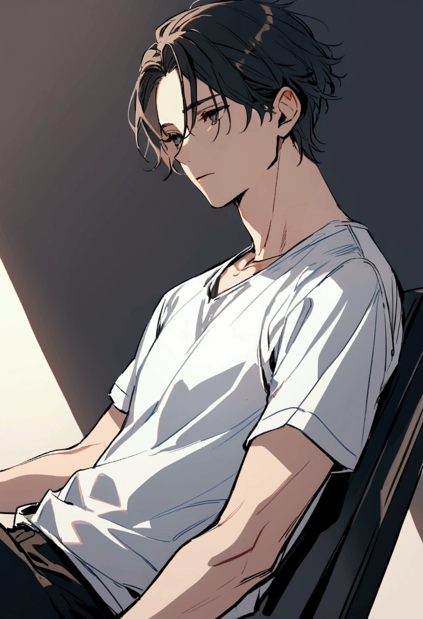 good looking, alone male short hair Black Hair Short sleeves White T-shirt
