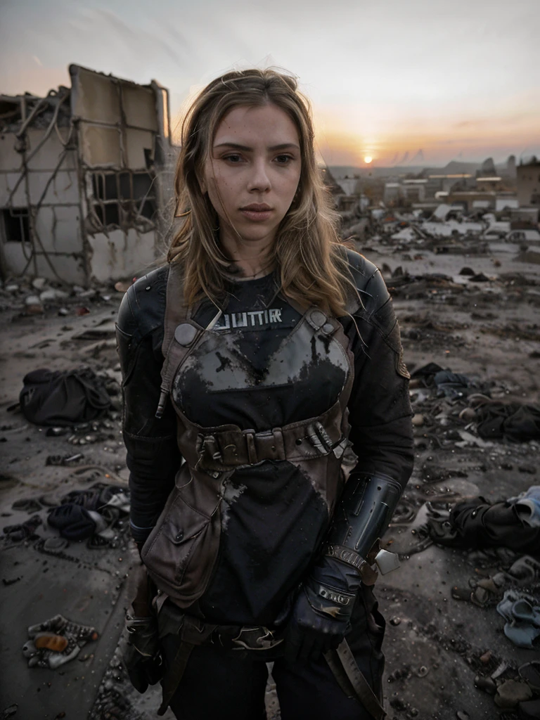 (highest quallity:1.3), cinematic shot, work of art, (sharp focus:1.5), (photorrealistic:1.3), portrait of 20-year-old actress Scarlett Johansson, breasts showing, Dirty Blonde Short Hair, dusty face, Dressed in the armor of the future, Contra o pano de fundo de um dusts-apocalipse desolado, ruined ultra futuristic rounded buildings, futuristic architecture, ruins of a city, black leather gloves on hands, the wind, dust, Destroyed buildings, Burnt car skeletons, Oppressive atmosphere, Dirty orange skies, dusk, Photographic realism, sharp focus, Human bones and skulls are scattered everywhere, piles of garbage, Building debris, fall, photo 3/4, Realistic facial skin, Dust on clothes, Atmosfera opressiva, apocalypse, as realistic as possible