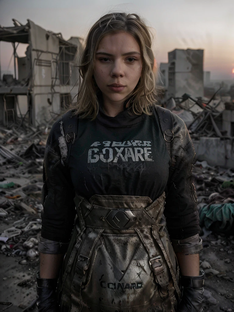 (highest quallity:1.3), cinematic shot, work of art, (sharp focus:1.5), (photorrealistic:1.3), portrait of 20-year-old actress Scarlett Johansson, breasts showing, Dirty Blonde Short Hair, dusty face, Dressed in the armor of the future, Contra o pano de fundo de um dusts-apocalipse desolado, ruined ultra futuristic rounded buildings, futuristic architecture, ruins of a city, black leather gloves on hands, the wind, dust, Destroyed buildings, Burnt car skeletons, Oppressive atmosphere, Dirty orange skies, dusk, Photographic realism, sharp focus, Human bones and skulls are scattered everywhere, piles of garbage, Building debris, fall, photo 3/4, Realistic facial skin, Dust on clothes, Atmosfera opressiva, apocalypse, as realistic as possible