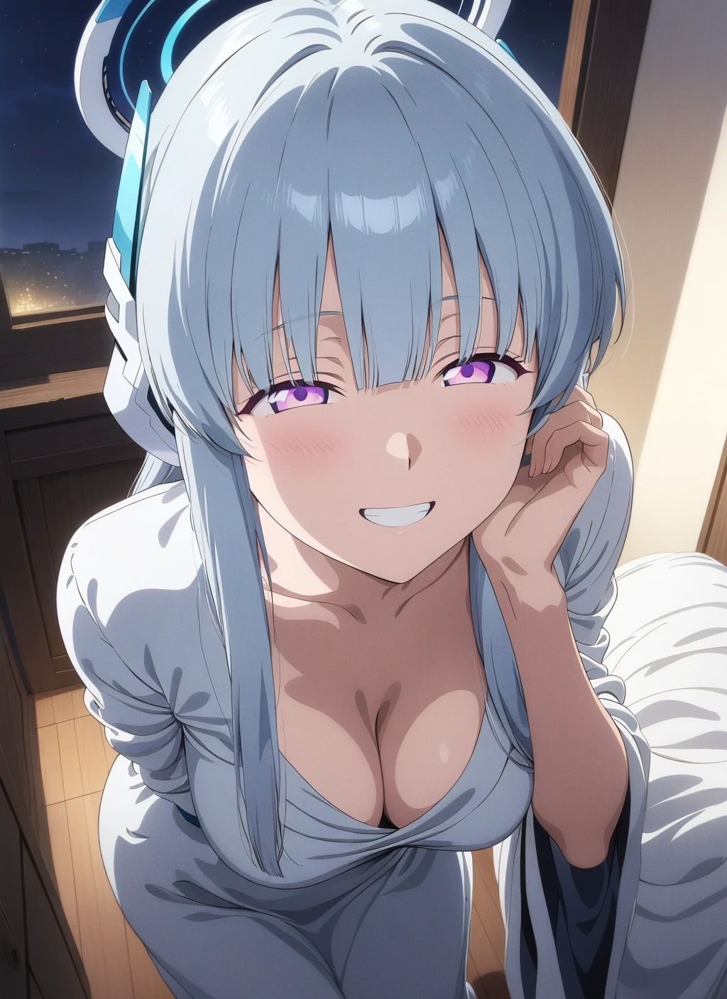 best quality, amazing quality, very aesthetic, absurdres, (1girl, noa, blue archive, solo, purpel eyes, white hair, big breasts), (realistic face:0.9),(robe:1.8), (grin, night, thigh:1.3), (cowboy shot), (glowing eyes), (half closed eyes:0.9), (from above0.7), (official art:1.3), (bent over, hand on own cheek, all fours:1.4), (blush), expressive eyes, perfect face, 4k, extremely detailed anime illustration, extremely detailed eyes, perfect anatomy, light rays, extremely delicate body, smooth skin, (bedroom background:1.5), clear eyes, beautiful face, smiling at viewer, (anime style:1.7), (cinematic Light:1.5), (highres:2), big breasts, best quality, amazing quality, very aesthetic, absurdres, (1girl, noa, blue archive, solo, purpel eyes, white hair, big breasts), (realistic face:0.9),(gown:1.8), (smile, night, thigh:1.3), (cowboy shot), (glowing eyes), (half closed eyes:0.9), (from above0.7), (official art:1.3), (bent over, arms behind back:1.4), (blush:0.7), expressive eyes, perfect face, 4k, extremely detailed anime illustration, extremely detailed eyes, perfect anatomy, light rays, extremely delicate body, smooth skin, (bedroom background:1.5), clear eyes, beautiful face, smiling at viewer, (anime style:1.7), (cinematic Light:1.5), (highres:2),