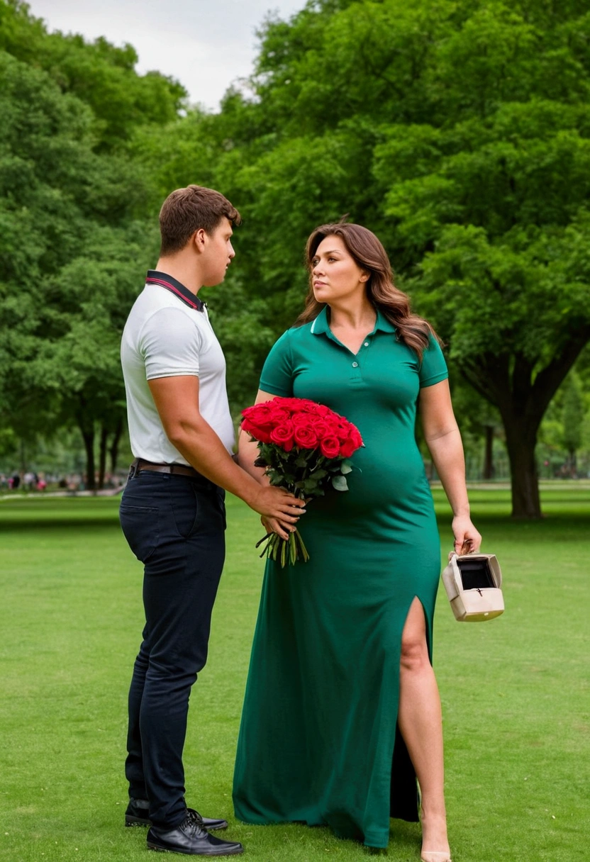 Milf beautiful woman with brown hair and long green dress with a big belly has a bouquet of roses in her hand and next to her is her young boyfriend dressed in a muscular polo collar, they are taking photos in the park, man is taller than woman