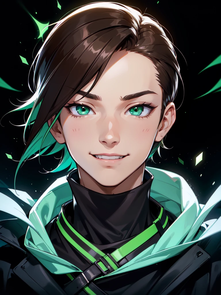 (((Portrait Photo))), He has a Youthful and Energy Appearance of a Teenager, with a Slim and Lively Build that Radiates Vivacity. His Short, Straight Brown Hair is Stylishly Cut, with Bangs that Gracefully Frame His Forehead, Highlighting His Features with a Touch of Modern Flair. His Bright, Emerald Green Eyes, Filled with a Spark of Enthusiasm and Joy, Giving His a Cheerful Aura. He is Dressed in a Trendy Outfit Consisting of a Black Turtleneck Hooded Jacket, Creating a Bold Contrast that Emphasizes His Dynamic and Playful Personality. His Expression is Friendly and Welcoming, with a Slight Smile that Conveys a Sense of Confidence and Approachability. (((High Quality, Dark Background))), (((Portrait Photo)))