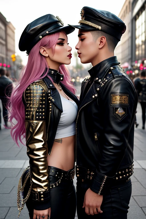 (Masterpiece, Superior quality), An incredibly beautiful young heterosexual couple passionateately kisses face-to-face on the streets. This illustration boasts radiant, flowing hair in various punk-style colors, accented by a leather pilot hat adorned with intricate decorations. Her outfit showcases a leather jacket torn at the seams, adorned with numerous metallic studs and rivets. Her punk-inspired pants and combat boots complete the ensemble. She poses dynamically and seductively, her captivating expression fixed directly on the camera, radiating an aura of confidence and defiance. The backdrop of this masterpiece is nothing short of breathtaking, featuring a