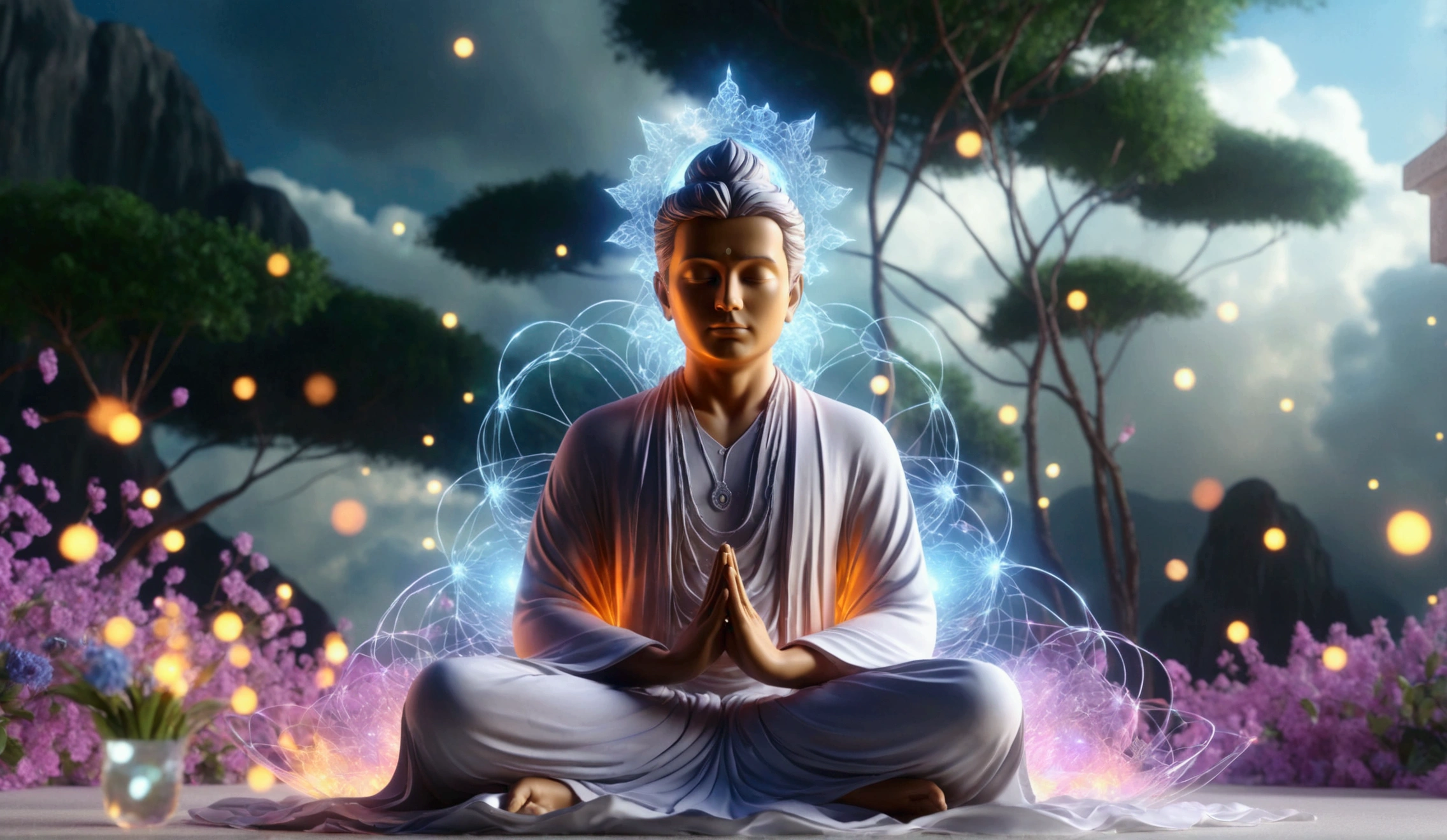 (Best quality, masterpiece), (magic, charm, Wireframe transparent 3d model:1.2, white transparent 3d model of a meditating man:1.2, surrounding aura radiates brilliantly like magic:1.3 , meditating with eyes closed:1.3, (Extremely detailed, dynamic camera), (Wide viewing angle), extremely sharp images, (celestial illumination), (vivid colors and storminess air), shimmering cyber light, dynamic light
