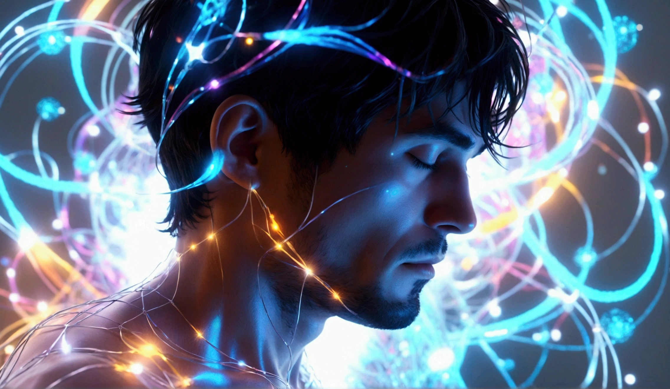 (Best quality, masterpiece), (magic, charm, Wireframe transparent 3d model:1.2, white transparent 3d model of a meditating man:1.2, surrounding aura radiates brilliantly like magic:1.3 , meditating with eyes closed:1.3, (Extremely detailed, dynamic camera), (Wide viewing angle), extremely sharp images, (celestial illumination), (vivid colors and storminess air), shimmering cyber light, dynamic light