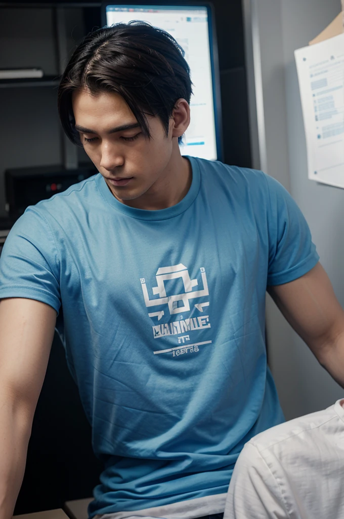 The male anime programmer has the words SHEN written on his shirt