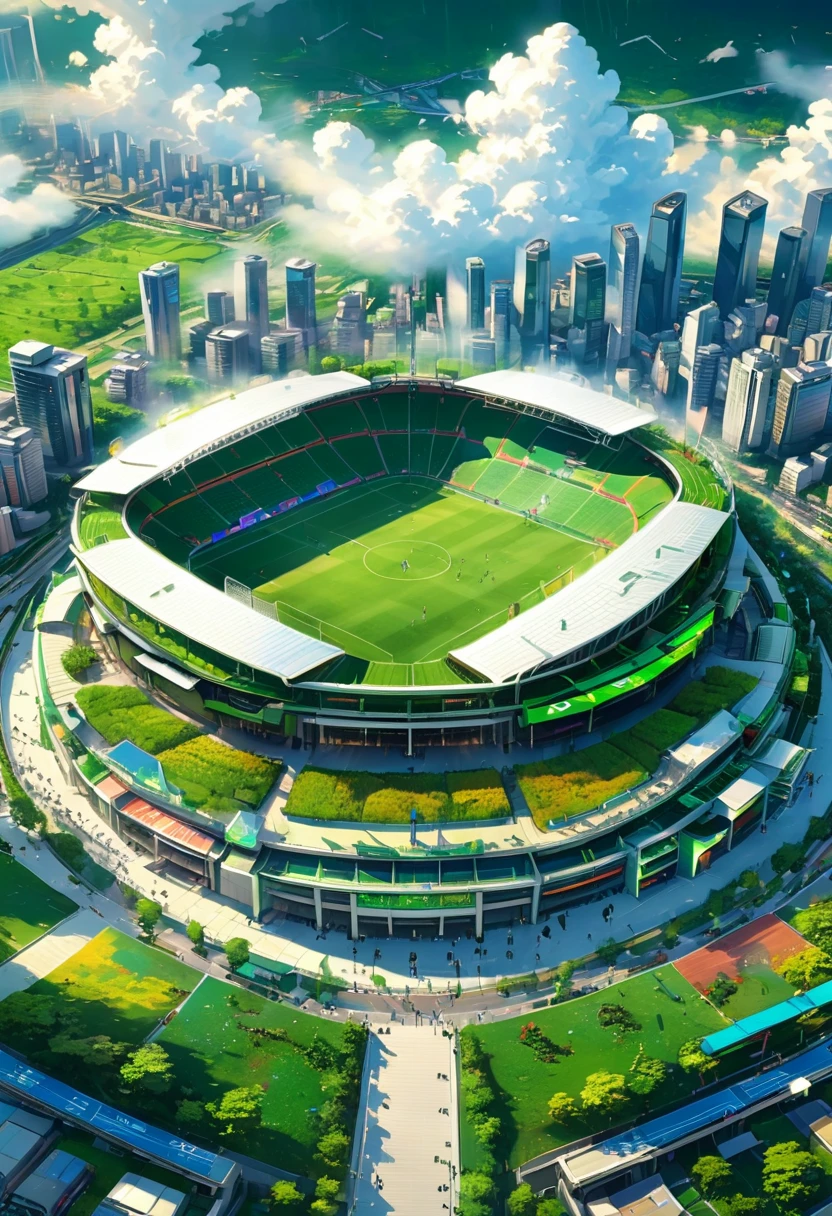 highly detailed,ultra-high resolutions,32K UHD,best quality,masterpiece,
A football stadium with green grass,surrounded by high-rise buildings and clouds in the sky. The field is crowded with fans cheering for their team's game against the opposite side. In the style of anime,it features vibrant colors and detailed character designs. It was created using ArtStation and digital painting techniques,featuring high resolution and wide-angle lenses. This scene showcases the realism of Makoto Shinkai,showcasing intricate details.,