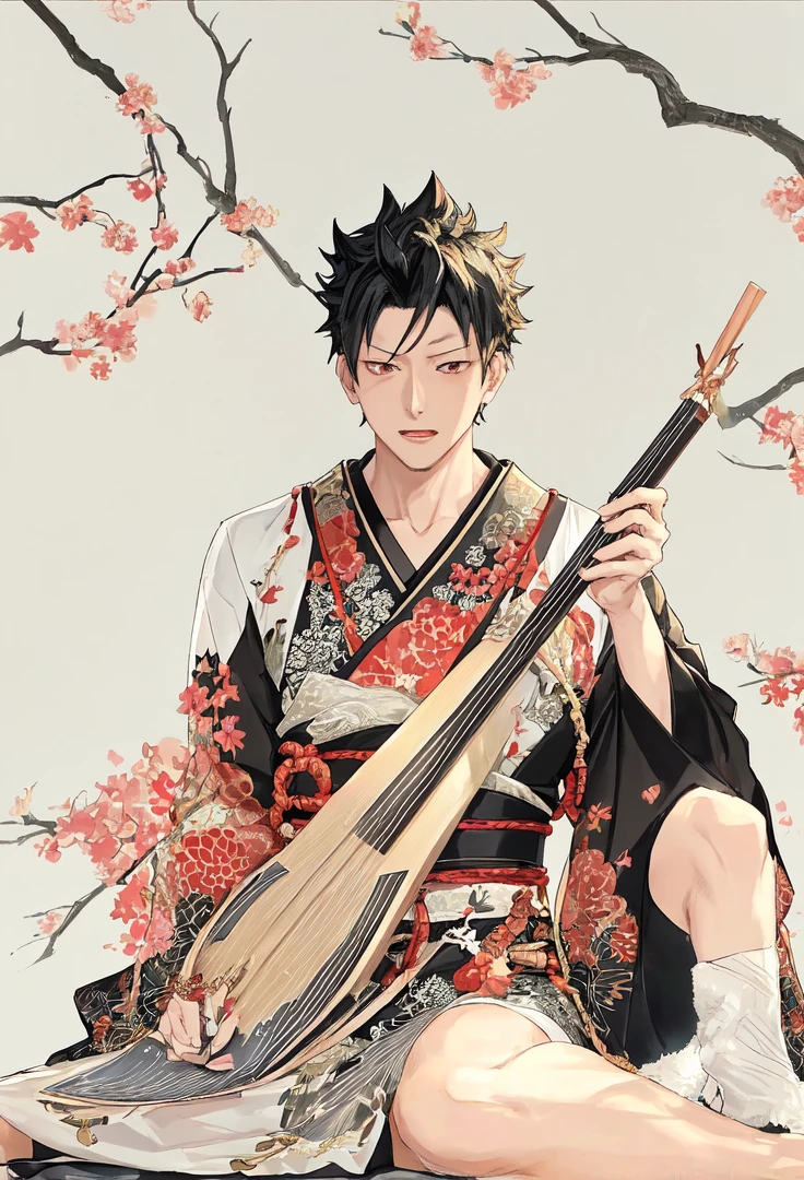 Kuroo from haikyuu, Movie light, fashion, top light, close-up, close-up, spotlight, hazy ,kuroo Kotaro from haikyuu,Strong and masculine body with gorgeous clothing japen, Kuroo from Haikyuu is in a beautiful black kimono, playing a shamisen instrument like in the edo painting