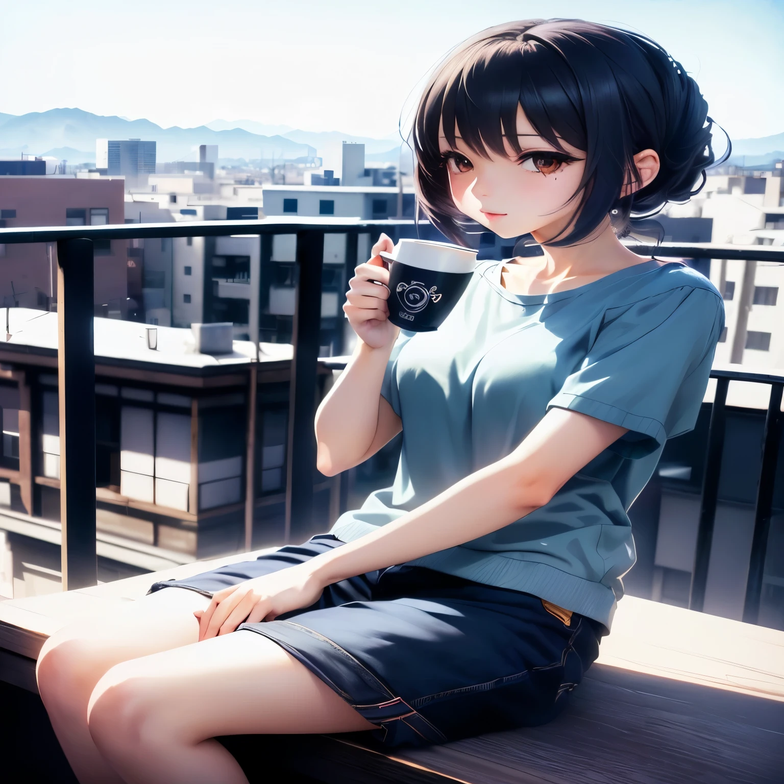 Anime girl leaning against a balcony holding a cup of coffee., anime moe art style, anime style 4 k, anime wallpaper 4k, smooth cg anime art, Attractive anime girl, Realistic 3D anime style