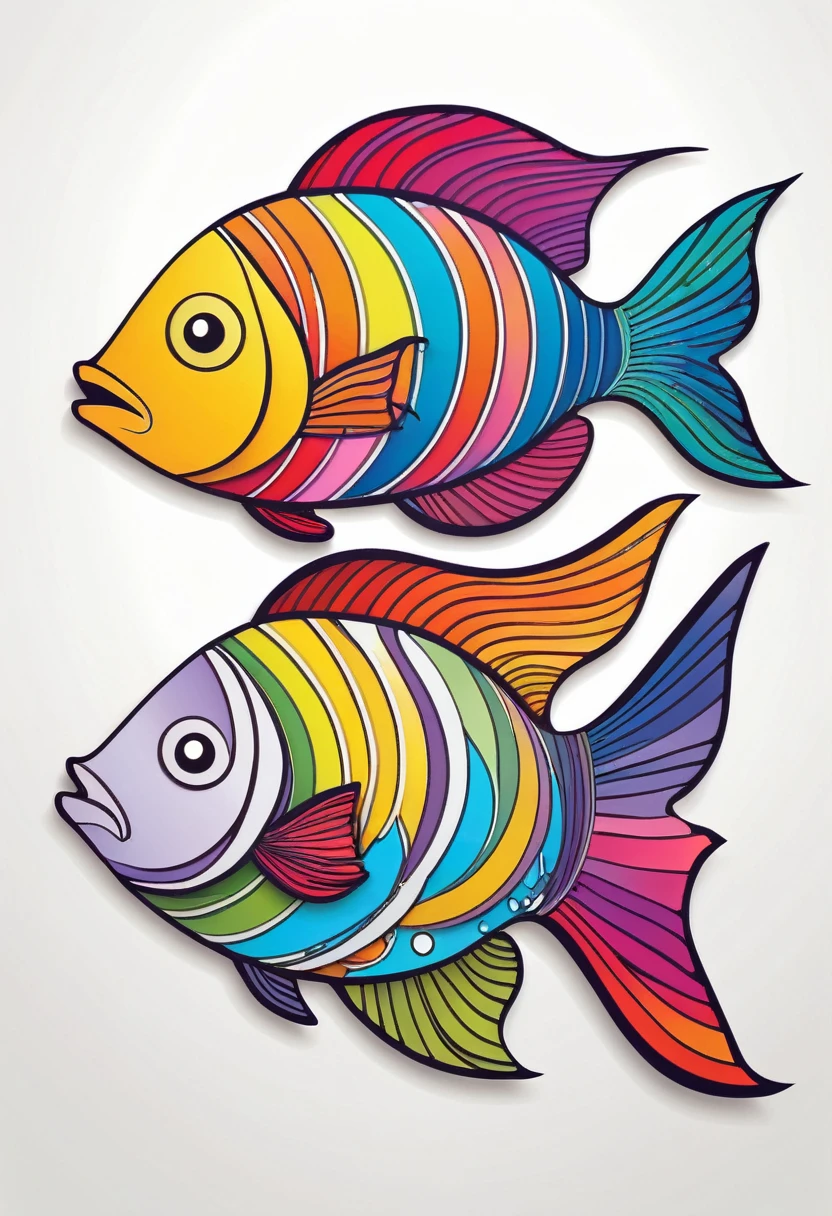A happy multicolored fish, Contour vectorizado, Paper cutting and collage style, Contour, vector, White background