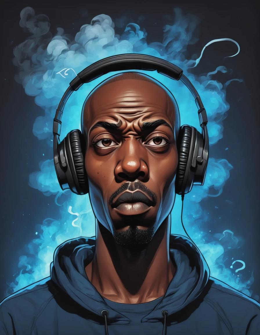 breathtaking vector cartoon illustration of shawt a black man ,wearing headphones, in a room full of smoke ,Anastomosing, Electric Blue, galactic, Ivan Albright, Sick, mean expression, twinkling eyes, and a bald head 