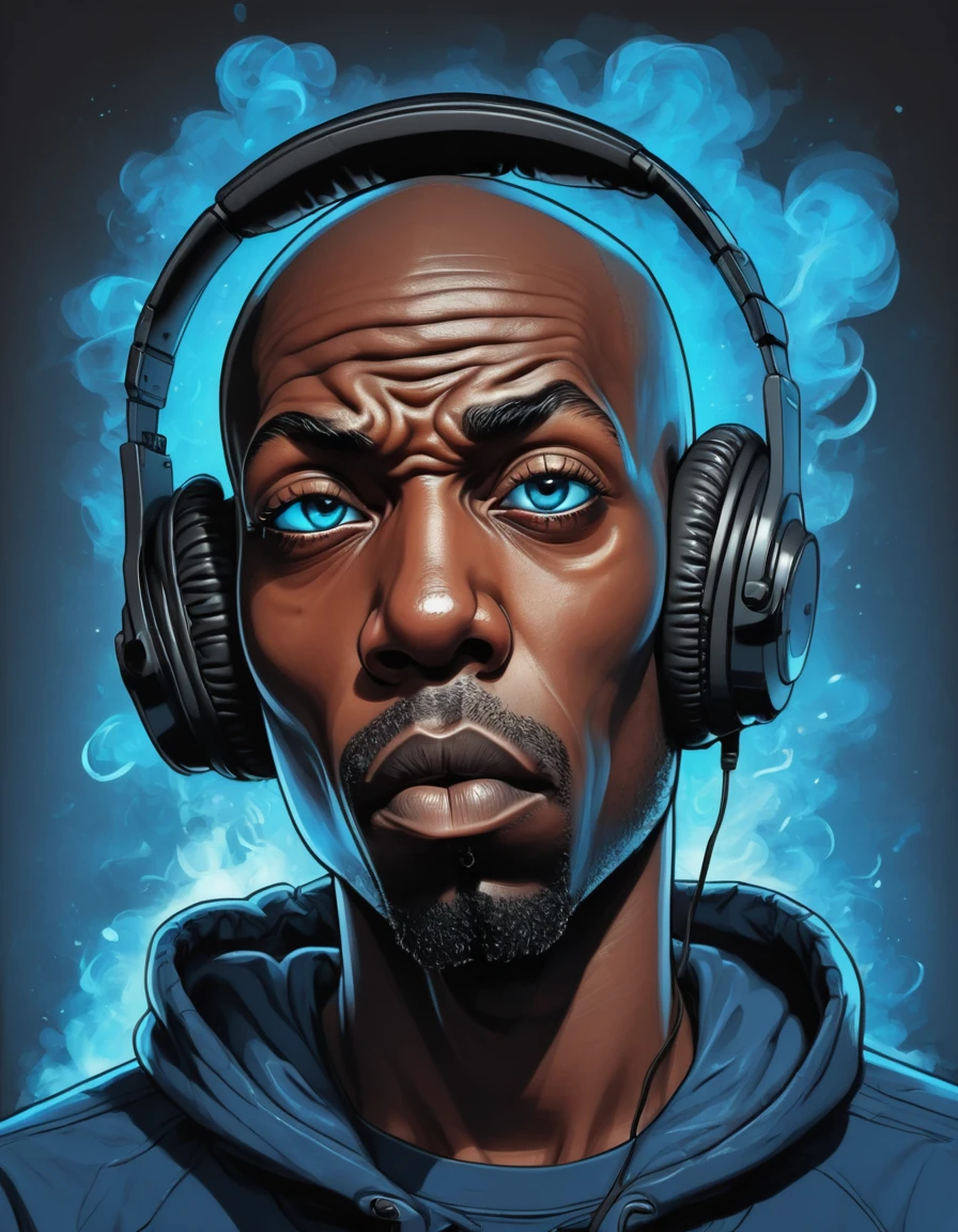 breathtaking vector cartoon illustration of shawt a black man ,wearing headphones, in a room full of smoke ,Anastomosing, Electric Blue, galactic, Ivan Albright, Sick, mean expression, twinkling eyes, and a bald head