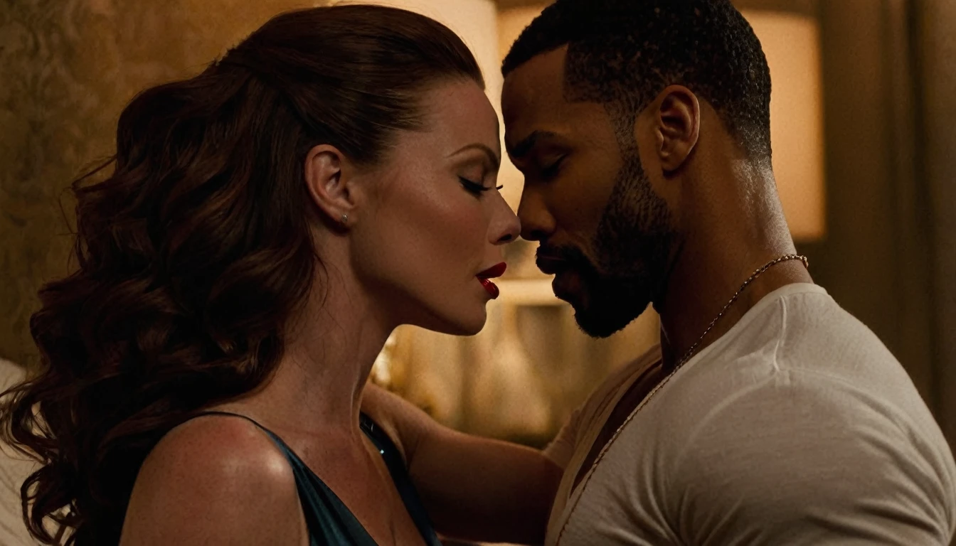 Bridget Regan and a handsome African American male whose facial features are a combo of Omari Hardwick + Isaiah Mustafa + Charles Michael Davis share a steamy kiss inside a bedroom lit only by candlelight. Bridget has lovely makeup on her face. Bridget wears red lipstick. Nighttime. Romantic ambiance. Symmetrical eyes. Symmetrical faces. Lovely details. Photorealistic. Full-colored photo. Professional photo. Highly detailed 8K.