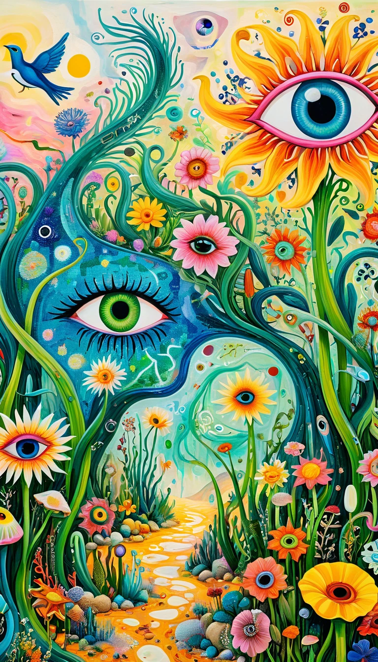 Children's graffiti,Thick coating,Concave and convex texture,Oil pastel strokes:In the vast desert,湖泊像Eye一样、flowesh、Tentacles、bird、(((Eye)))、diatom,Abstract mosaic painting,Describing the inner world of autistic people,Large area of white,interesting,Innocence,Vision,Psychedelic Art,Incorporating Picasso's art:1.1 Art style