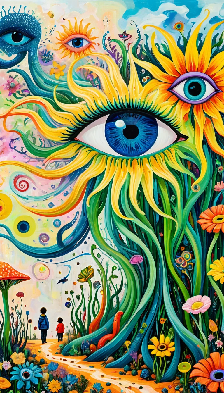 Children's graffiti,Thick coating,Concave and convex texture,Oil pastel strokes:In the vast desert,湖泊像Eye一样、flowesh、Tentacles、bird、(((Eye)))、diatom,Abstract mosaic painting,Describing the inner world of autistic people,Large area of white,interesting,Innocence,Vision,Psychedelic Art,Incorporating Picasso's art:1.1 Art style