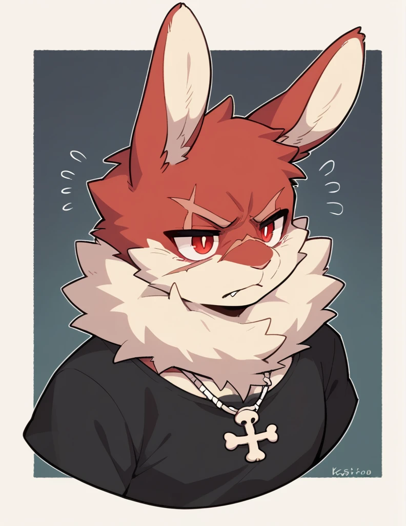 (Rabbit), anthropomorphic red rabbit, alone, (scar on left eye), (2-tone white and red fur), (neck), (perfect red eyes:1.4), (Artist:Takemoto Arashi), twitch, mature face, older, clear facial details, Rough intimidating, , side of character, long eyelashes, fang, serius , Black shirt, Bone necklace, exposing chest, ((show upper body)), ((Bust)), Full Length Portrait, Tonalism, Head Out of Frame, Outer Border, Tachi-E, High Details