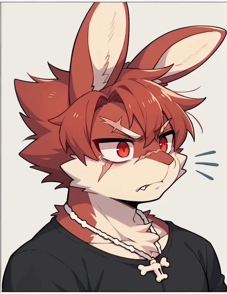 (Rabbit), anthropomorphic red rabbit, alone, (scar on left eye), (2-tone white and red fur), (neck), (perfect red eyes:1.4), （Artist:Takemoto Arashi）, twitch, mature face, older, clear facial details, Rough intimidating, , side of character, long eyelashes, fang, serius , Black shirt,  Bone necklace, exposing chest, ((show upper body)), ((Bust)), Full Length Portrait, Tonalism, Head Out of Frame, Outer Border, Tachi-E, High Details