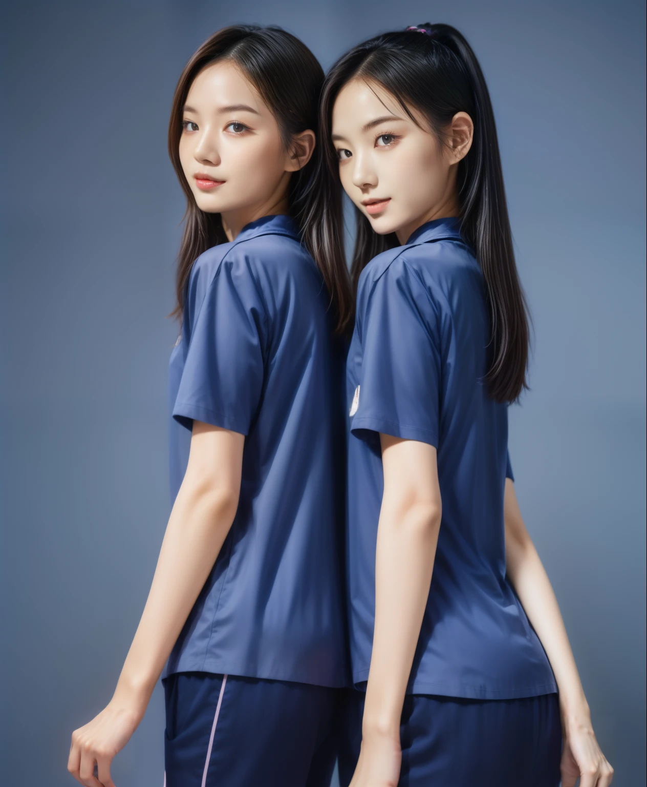 (best quality,10,10,height,Masterpiece:1.2),Special details,(realistic,ภาพrealistic,Realistic photos:1.37),1 Cute girl in the kitchen,shiny, ผิวshiny,only,smile softly,BDclothelue shirt:1.3)),short sleeve,shirt, กางเกงขาlong.,(navy_long_track pants:1.1), ((Kitchen Background)),Dynamic angle,excited,Face focus,dynamic poses,from behind,focus on ass,Masterpiece, best quality, ultra realistic, hyper detail, 8k resolution, raw photos, Sharp focus, ((Navy blue shirt:1.1)), short sleeve, เส้นทางlong, perfect body, 2 mature women, 18 years old, Cinema-grade lighting system,blue sweatpants,shirtผ้าออกกำลังกาย,correct anatomy,perfect body, correct body, Sharp face, correct bodyทางกายวิภาค, full body, realistic gestures, long-haired, realistic poses,Wear long shorts...........................,ช่วงขาlong,Good shape,carved girl, Slender figure, model, Good shape, beautiful body,blue sweatpants, two girls kissing