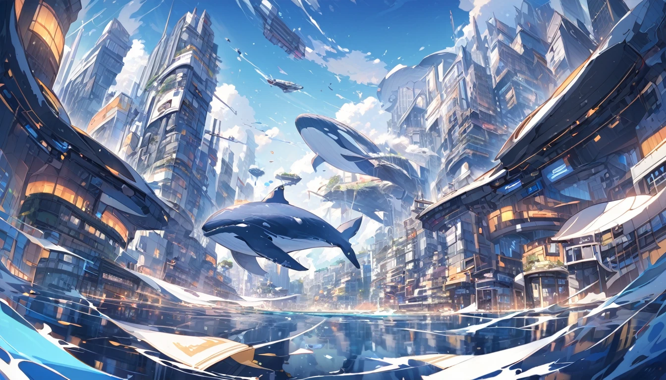 A flying whale gracefully flies against the backdrop of a sunset sky。The silhouette of a whale swimming among the clouds is shining in the setting sun。In the background、orange、pink、Purple gradation spreads、Creates a fantastic atmosphere。