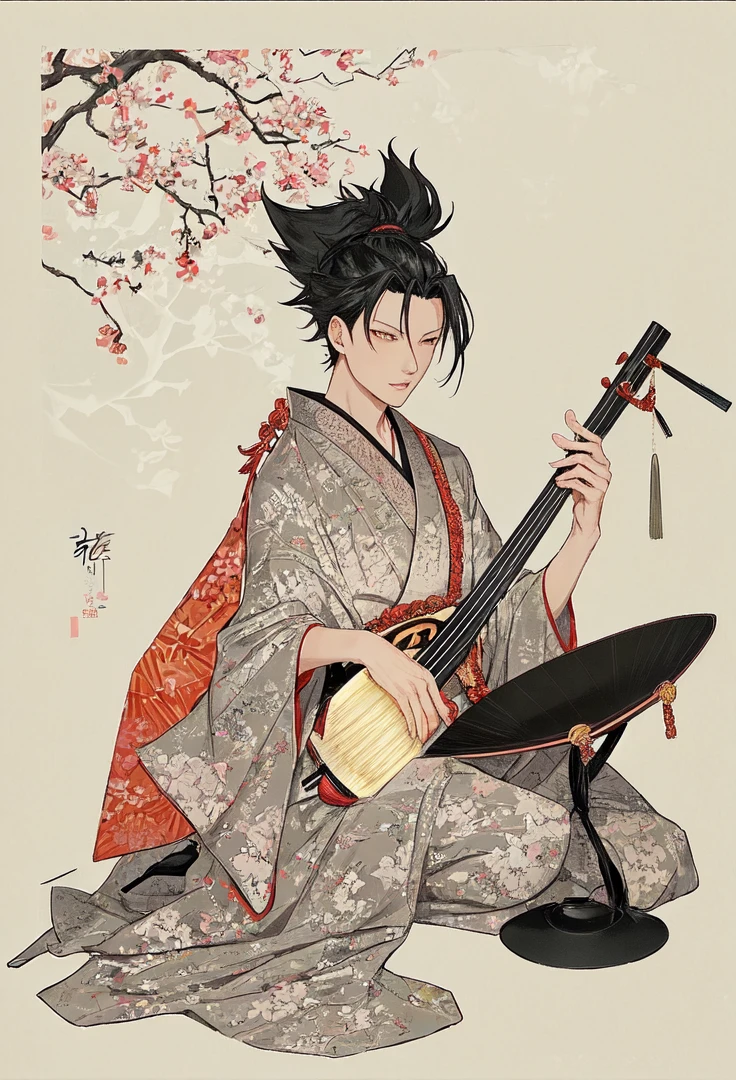 Kuroo from haikyuu, Movie light, fashion, top light, close-up, close-up, spotlight, hazy ,kuroo Kotaro from haikyuu,Strong and masculine body with gorgeous clothing japen, Kuroo from Haikyuu is in a beautiful black kimono, playing a shamisen instrument like in the edo painting