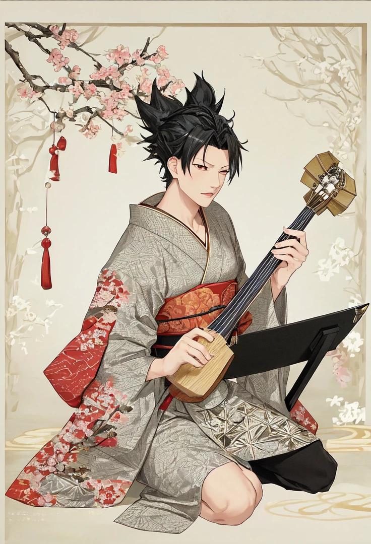 Kuroo from haikyuu, Movie light, fashion, top light, close-up, close-up, spotlight, hazy ,kuroo Kotaro from haikyuu,Strong and masculine body with gorgeous clothing japen, Kuroo from Haikyuu is in a beautiful black kimono, playing a shamisen instrument like in the edo painting