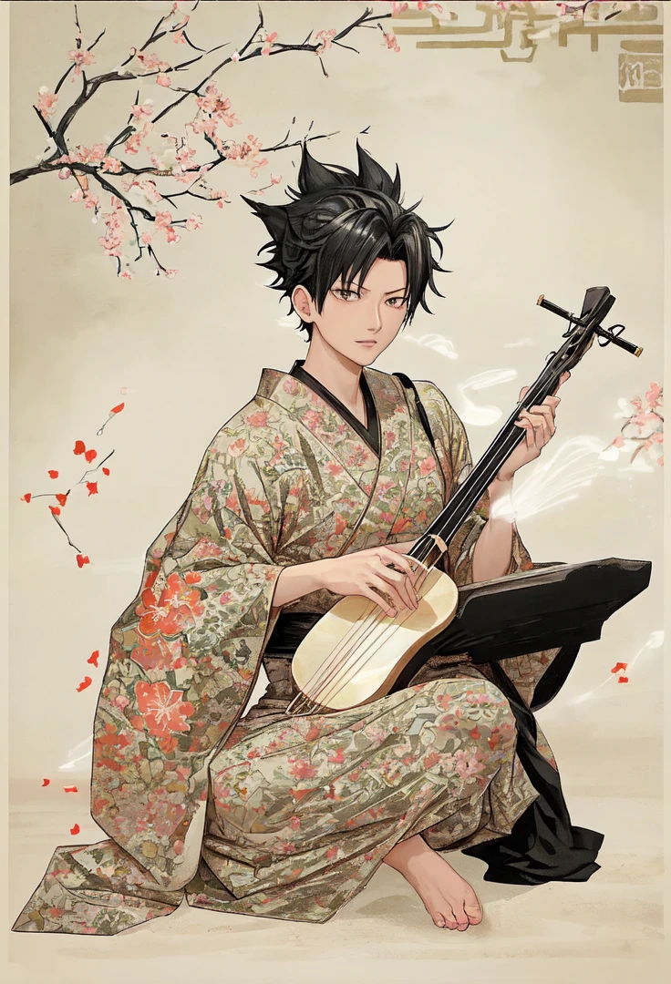 Kuroo from haikyuu, Movie light, fashion, top light, close-up, close-up, spotlight, hazy ,kuroo Kotaro from haikyuu,Strong and masculine body with gorgeous clothing japen, Kuroo from Haikyuu is in a beautiful black kimono, playing a shamisen instrument like in the edo painting