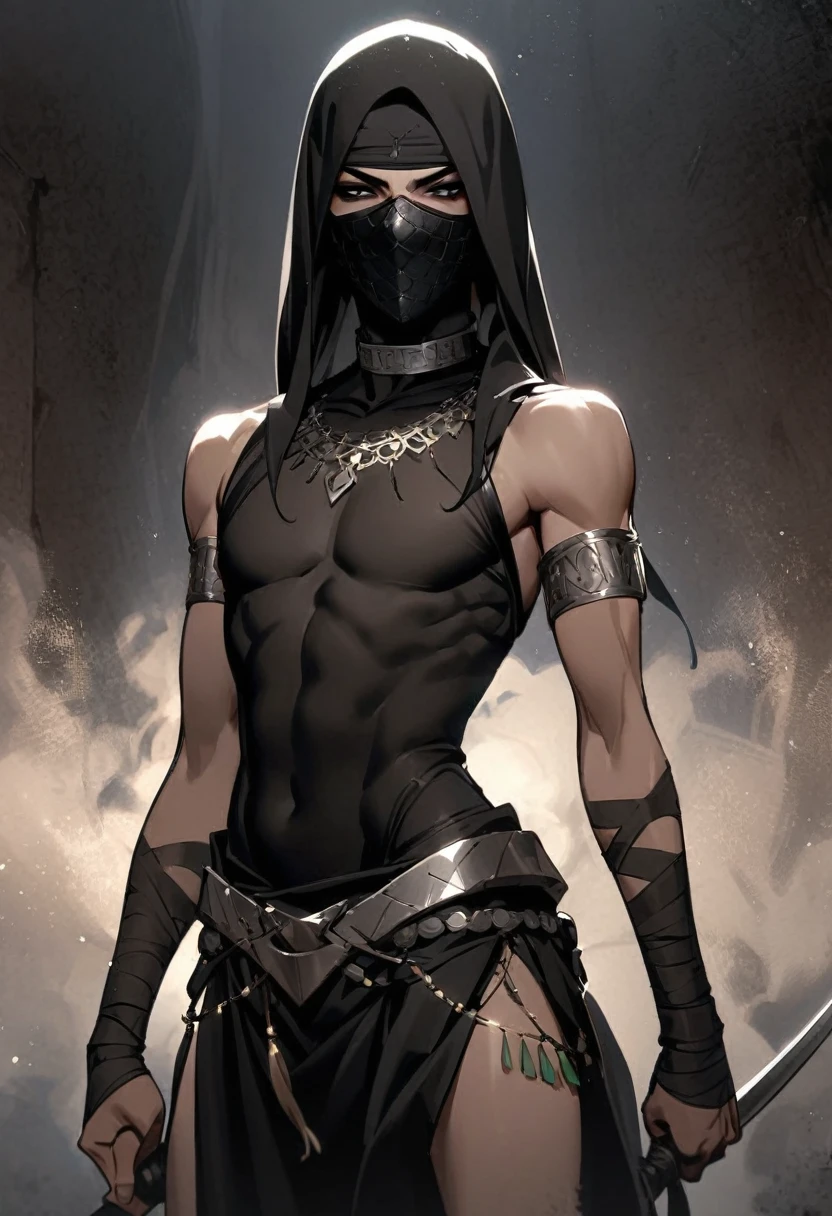 Male arab warrior, medivial, black balaclava, black bandage, black clothes, thin waist, skinny body, femboy, light skin, makeup, black eyeliner, big eyelashes, black eyeshadow, metal choker,  light tanned skin, holds his leg