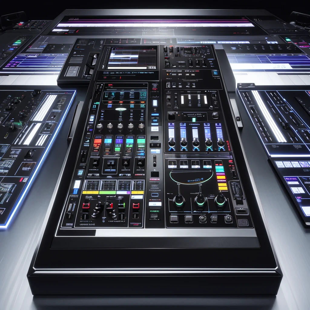 Create an image of a digital DJ interface combining a touchscreen controller with a digital mixer. The touchscreen displays waveform visuals, effects controls, and track libraries, while the mixer interface includes virtual faders and knobs for adjusting sound parameters.