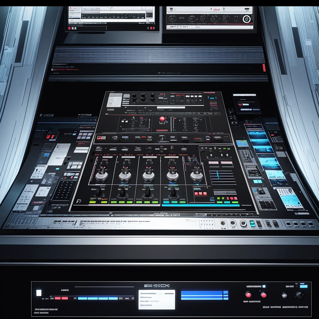 Create an image of a digital DJ interface combining a touchscreen controller with a digital mixer. The touchscreen displays waveform visuals, effects controls, and track libraries, while the mixer interface includes virtual faders and knobs for adjusting sound parameters.