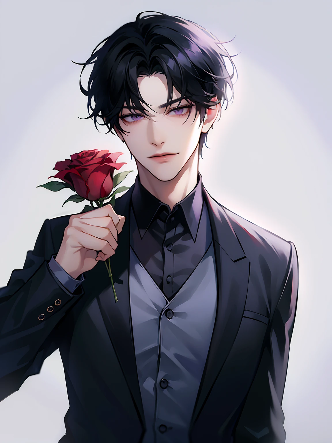 (masterpiece, 8k, high quality, best quality:1.6), 1boy, solo, short hair, black hair, asymmetrical fringe, purple eyes, handsome, sharp eyes, (mature male, mature:1.2), male focus, fashionable, tucked in open white collared shirt, gray pants, necklace, outdoors, meadow, flowery field, close up, smile, long eyelashes, soft shadows, perfect anatomy, holding a bouqet of red roses, spring season