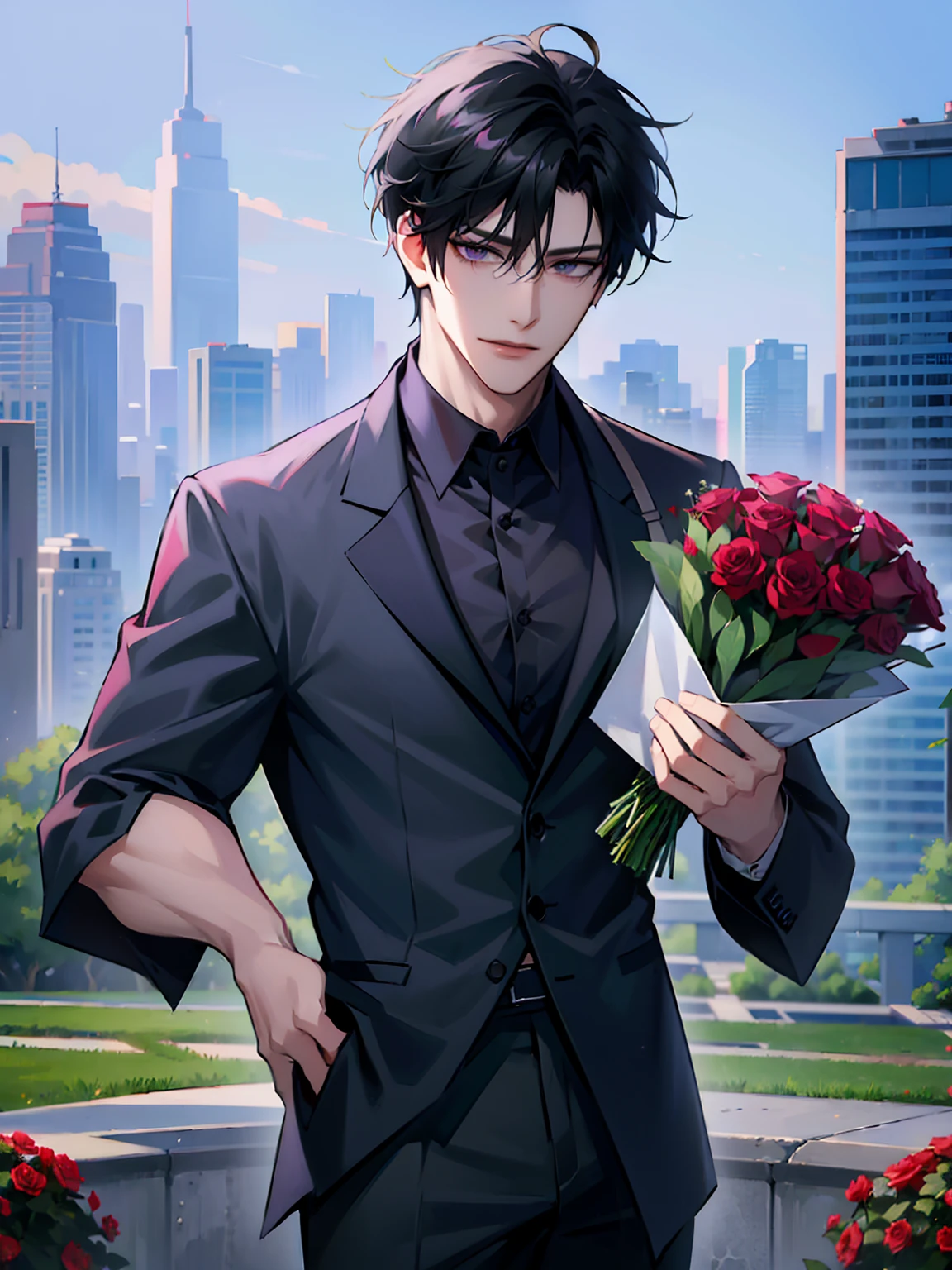 (masterpiece, 8k, high quality, best quality:1.6), 1boy, solo, short hair, black hair, asymmetrical fringe, purple eyes, handsome, sharp eyes, (mature male, mature:1.2), male focus, fashionable, tucked in open white collared shirt, gray pants, necklace, outdoors, meadow, flowery field, close up, smile, long eyelashes, soft shadows, perfect anatomy, holding a bouqet of red roses, spring season