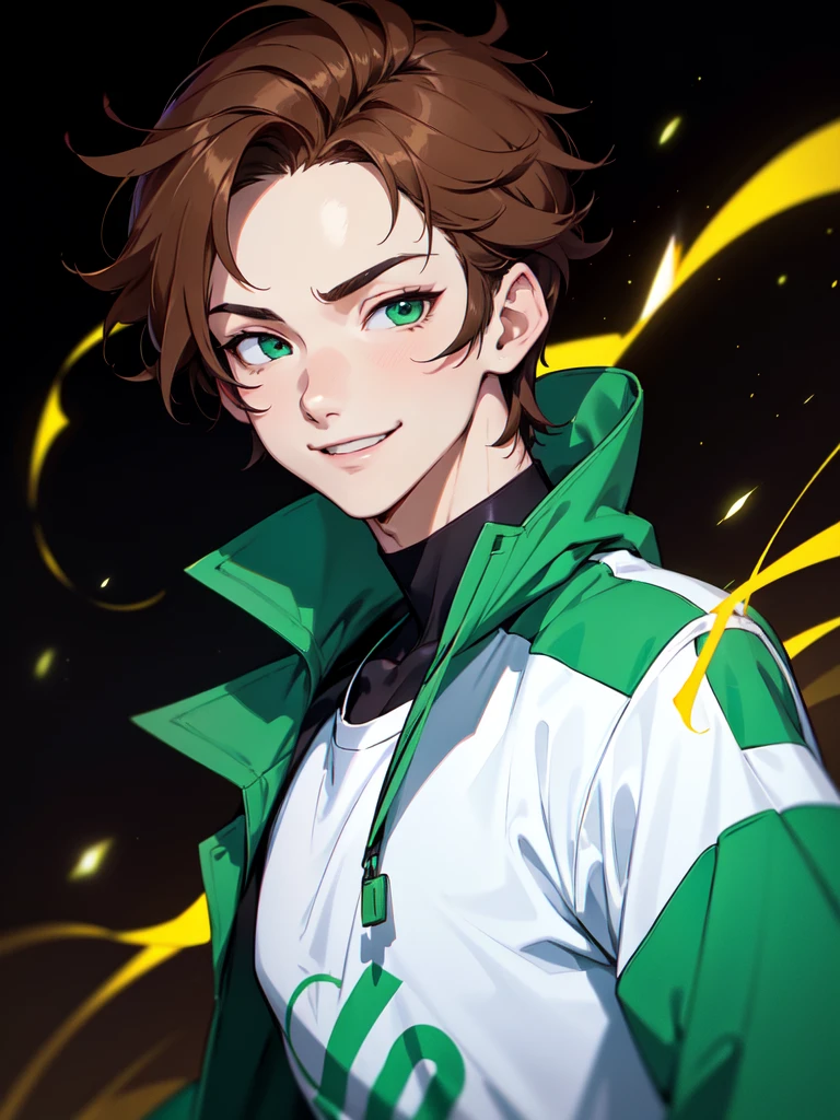 (((Portrait Photo))), He has a Youthful and Energy Appearance of a Teenager, with a Slim and Lively Build that Radiates Vivacity. His Short, Straight Brown Hair is Stylishly Cut, with Bangs that Gracefully Frame His Forehead, Highlighting His Features with a Touch of Modern Flair. His Bright, Emerald Green Eyes, Filled with a Spark of Enthusiasm and Joy, Giving His a Cheerful Aura. He is Dressed in a Trendy Outfit Consisting of a Baggy Sports Jacket and a White T-Shirt, Creating a Bold Contrast that Emphasizes His Dynamic and Playful Personality. His Expression is Friendly and Welcoming, with a Slight Smile that Conveys a Sense of Confidence and Approachability. (((High Quality, Dark Background))), (((Portrait Photo)))