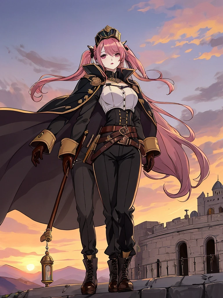 A world inspired by the Italian-Spanish Renaissance in the 16th century, davincipunk technology, in a castle, on the battlements, sunset, a plain, leading an army, arquebus on the back, falcata sheathed at the waist, sunset on the mountains, watching the invader disembark from large galleons, birds in the sky, imposing, proud, battle-hardened, a beautiful 21-year-old woman, /(16th century arquebusier's uniform: fitted button-down blouse, breastplate covering the torso, long leather cape, leather military shoes, brooches in the hair, gloves, helmet with a feather on top, cloth pants,), /(Pale white skin, extremely long pink hair combed in two pigtails and a lock over the left eye, violet eyes,), /(Hourglass shaped body, medium hips, medium waist, shapely legs, big chest, small hands, slender fingers, Greek nose, almond eyes,),