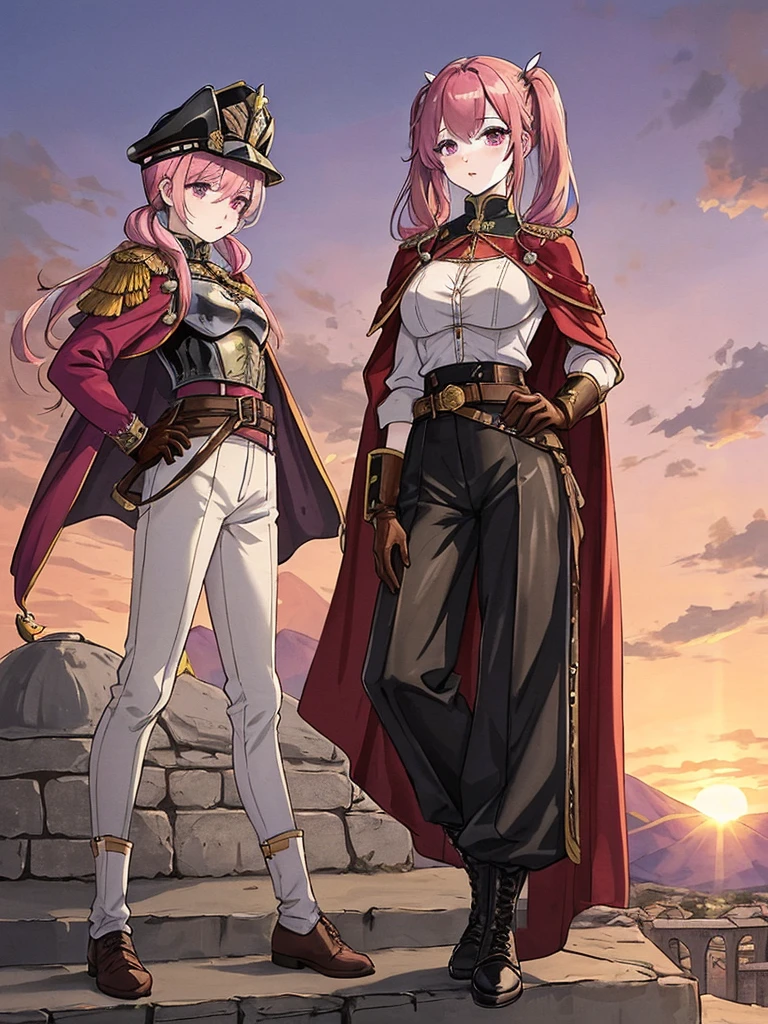 A world inspired by the Italian-Spanish Renaissance in the 16th century, davincipunk technology, in a castle, on the battlements, sunset, a plain, leading an army, arquebus on the back, falcata sheathed at the waist, sunset on the mountains, watching the invader disembark from large galleons, birds in the sky, imposing, proud, battle-hardened, a beautiful 21-year-old woman, /(16th century arquebusier's uniform: fitted button-down blouse, breastplate covering the torso, long leather cape, leather military shoes, brooches in the hair, gloves, helmet with a feather on top, cloth pants,), /(Pale white skin, extremely long pink hair combed in two pigtails and a lock over the left eye, violet eyes,), /(Hourglass shaped body, medium hips, medium waist, shapely legs, big chest, small hands, slender fingers, Greek nose, almond eyes,),