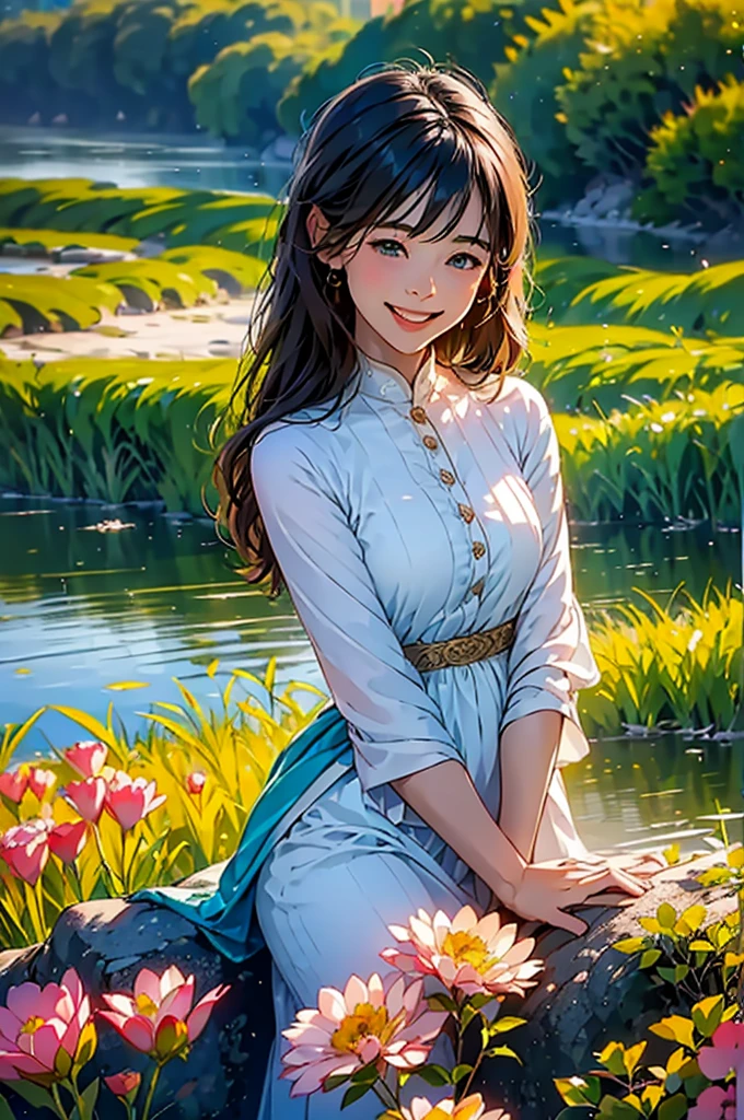 (in 8K、top-quality、masterpiece:1.2)、One woman、(Smiling smile:1.1)、beautidful eyes、Valley、The upper part of the body、length hair、Like a boy、Longhaire、Green View、