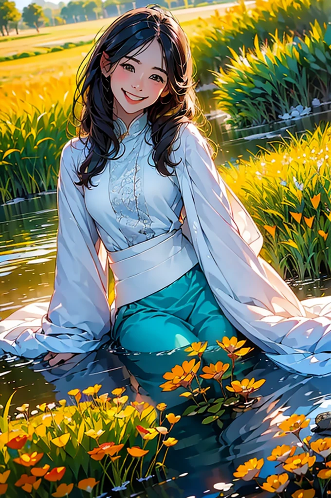 (in 8K、top-quality、​masterpiece:1.2)、One woman、(Smiling smile:1.1)、beautidful eyes、Valley、The upper part of the body、length hair、Like a boy、Longhaire、Green View、