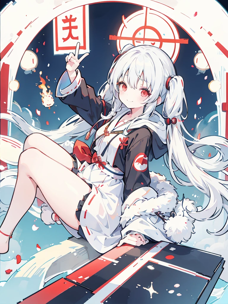 Girl, white hair, twin tails, red eyes, shrine maiden, hoodie, cute, smile, big smile, big smile, peace sign towards the camera, dark background gradation