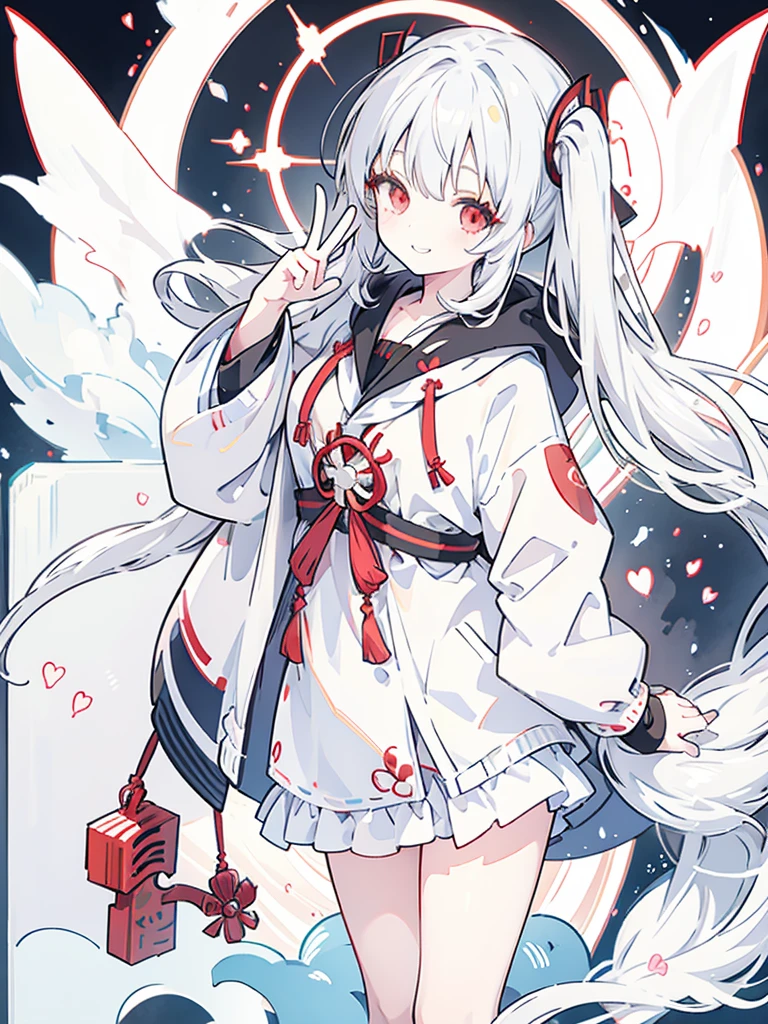 Girl, white hair, twin tails, red eyes, shrine maiden, hoodie, cute, smile, big smile, big smile, peace sign towards the camera, dark background gradation
