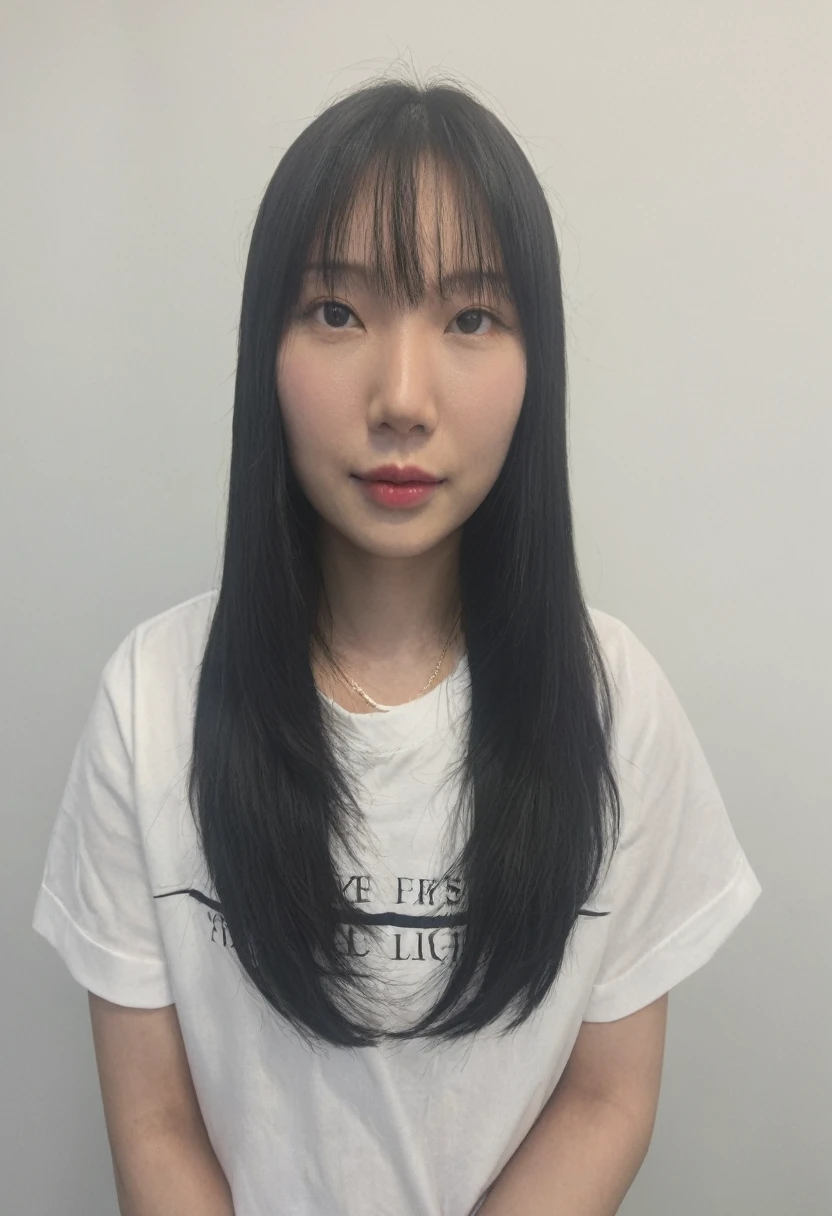 Best Quality, 8k, Masterpiece, (Portrait: 1.3), (photo realistic:1.4), (hyper realistic:1.4), Sharp Focus, looking at viewer, (smoother lighting:1.1), (increase cinematic lighting quality:0.9), realistic lighting, backlighting, light on face, ray trace, (brightening light:1.2), (Increase quality:1.4), sharp detail, (best quality real texture skin:1.4), finely detailed eyes, black_eyes, finely detailed face, 25 year old Korean woman, (white formal_shirt:1.4), (Create an image maintaining the original base model hairstyle:1.5),smiling_face
